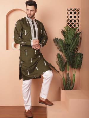 Men green embroidered cotton silk kurta pajama 5