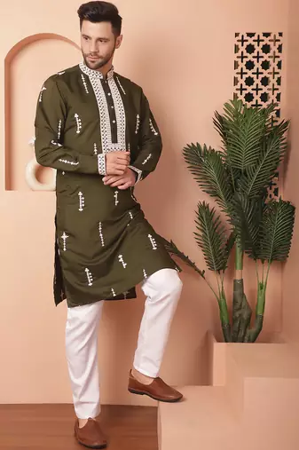 Men green embroidered cotton silk kurta pajama