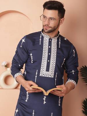 Men blue embroidered cotton silk kurta pajama 1