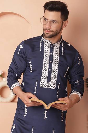 Men blue embroidered cotton silk kurta pajama