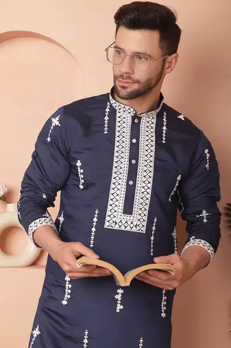 Men blue embroidered cotton silk kurta pajama