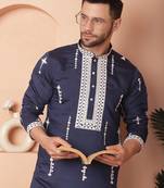 Men blue embroidered cotton silk kurta pajama