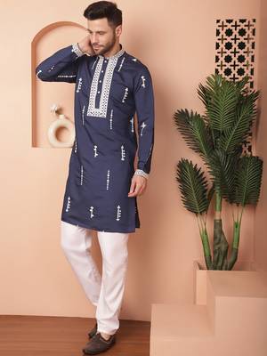 Men blue embroidered cotton silk kurta pajama 2