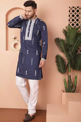 Men blue embroidered cotton silk kurta pajama