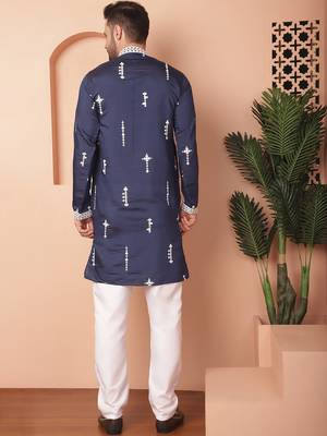 Men blue embroidered cotton silk kurta pajama 4