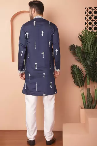 Men blue embroidered cotton silk kurta pajama
