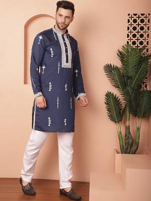 Men blue embroidered cotton silk kurta pajama 5