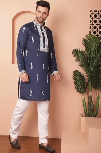 Men blue embroidered cotton silk kurta pajama