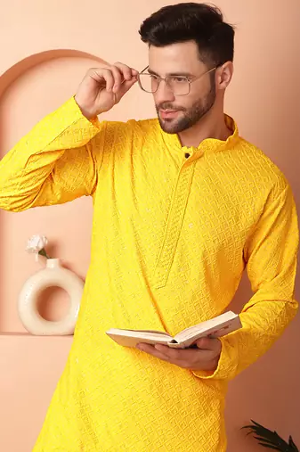 Men yellow embroidered viscose rayon kurta pajama