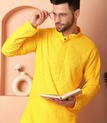 Men yellow embroidered viscose rayon kurta pajama
