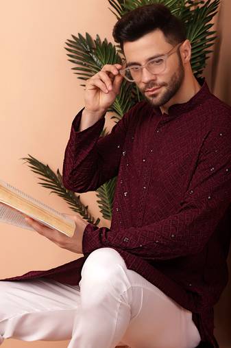Men purple embroidered viscose rayon kurta pajama
