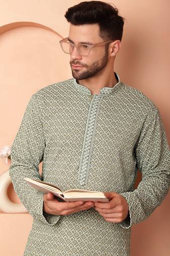Men green embroidered viscose rayon kurta pajama