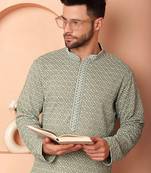 Men green embroidered viscose rayon kurta pajama