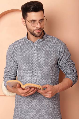 Men grey embroidered viscose rayon kurta pajama