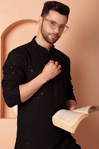 Men black embroidered viscose rayon kurta pajama