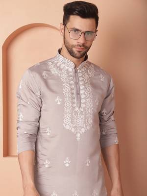 Men grey embroidered cotton silk kurta pajama 1