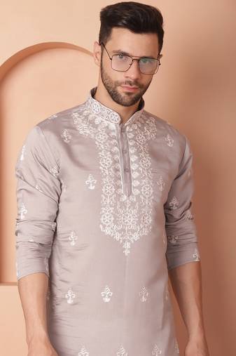 Men grey embroidered cotton silk kurta pajama