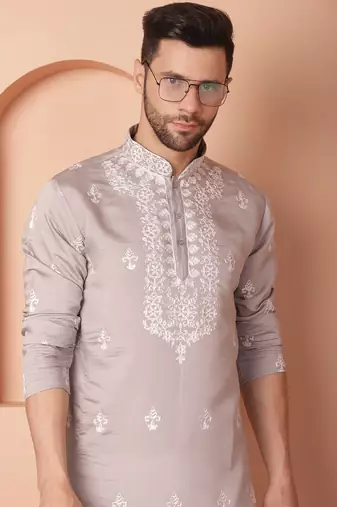 Men grey embroidered cotton silk kurta pajama