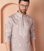 Men grey embroidered cotton silk kurta pajama