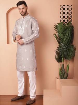 Men grey embroidered cotton silk kurta pajama 2