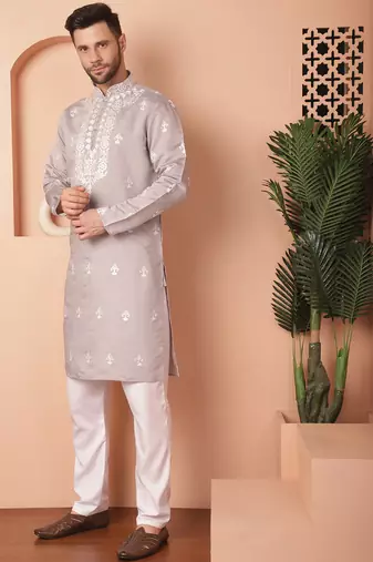 Men grey embroidered cotton silk kurta pajama