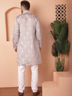 Men grey embroidered cotton silk kurta pajama 4