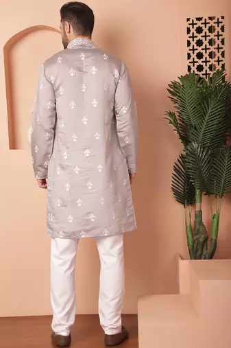 Men grey embroidered cotton silk kurta pajama