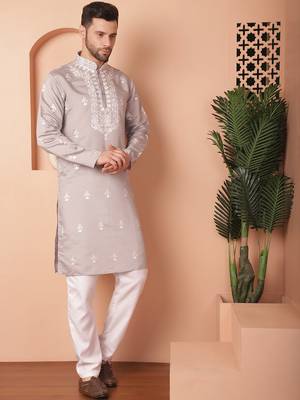 Men grey embroidered cotton silk kurta pajama 5