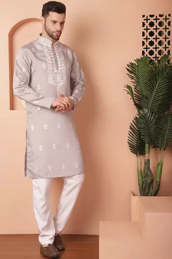 Men grey embroidered cotton silk kurta pajama
