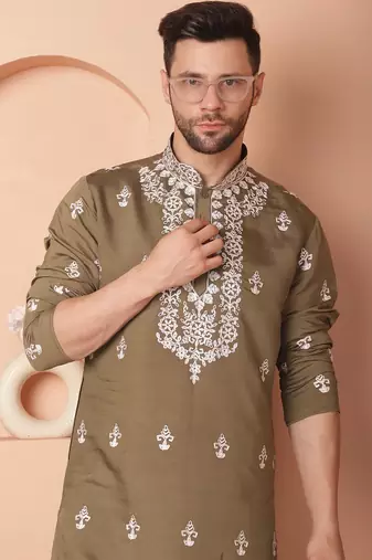 Men green embroidered cotton silk kurta pajama