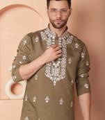 Men green embroidered cotton silk kurta pajama