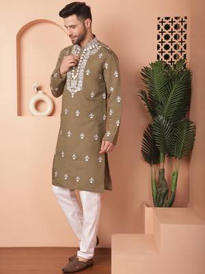 Men green embroidered cotton silk kurta pajama 2