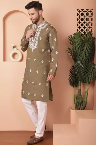 Men green embroidered cotton silk kurta pajama