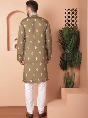 Men green embroidered cotton silk kurta pajama 4
