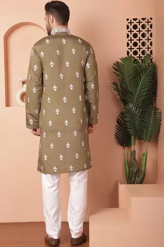 Men green embroidered cotton silk kurta pajama