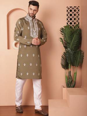 Men green embroidered cotton silk kurta pajama 5