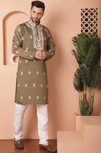 Men green embroidered cotton silk kurta pajama