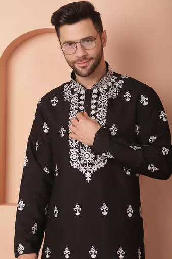 Men black embroidered cotton silk kurta pajama