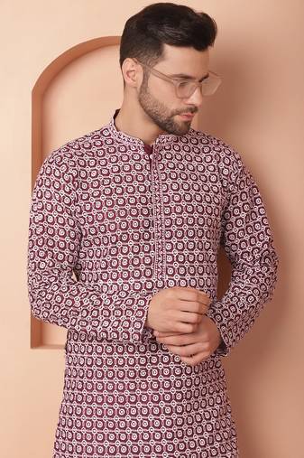 Men purple embroidered cotton kurta pajama