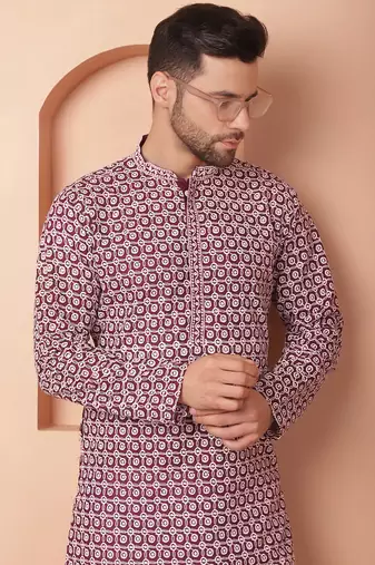 Men purple embroidered cotton kurta pajama
