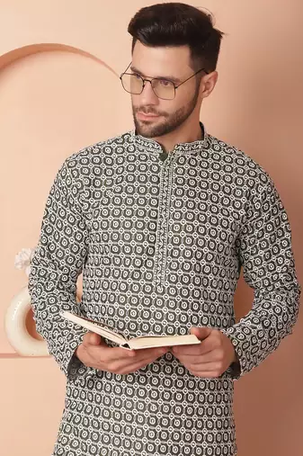 Men green embroidered cotton kurta pajama