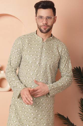 Men green embroidered cotton kurta pajama