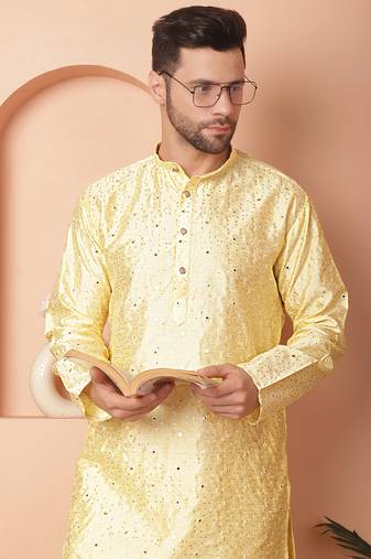 Men yellow embroidered silk blend kurta pajama
