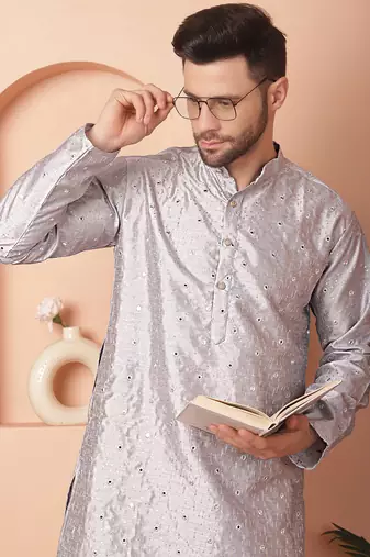 Men grey embroidered silk blend kurta pajama