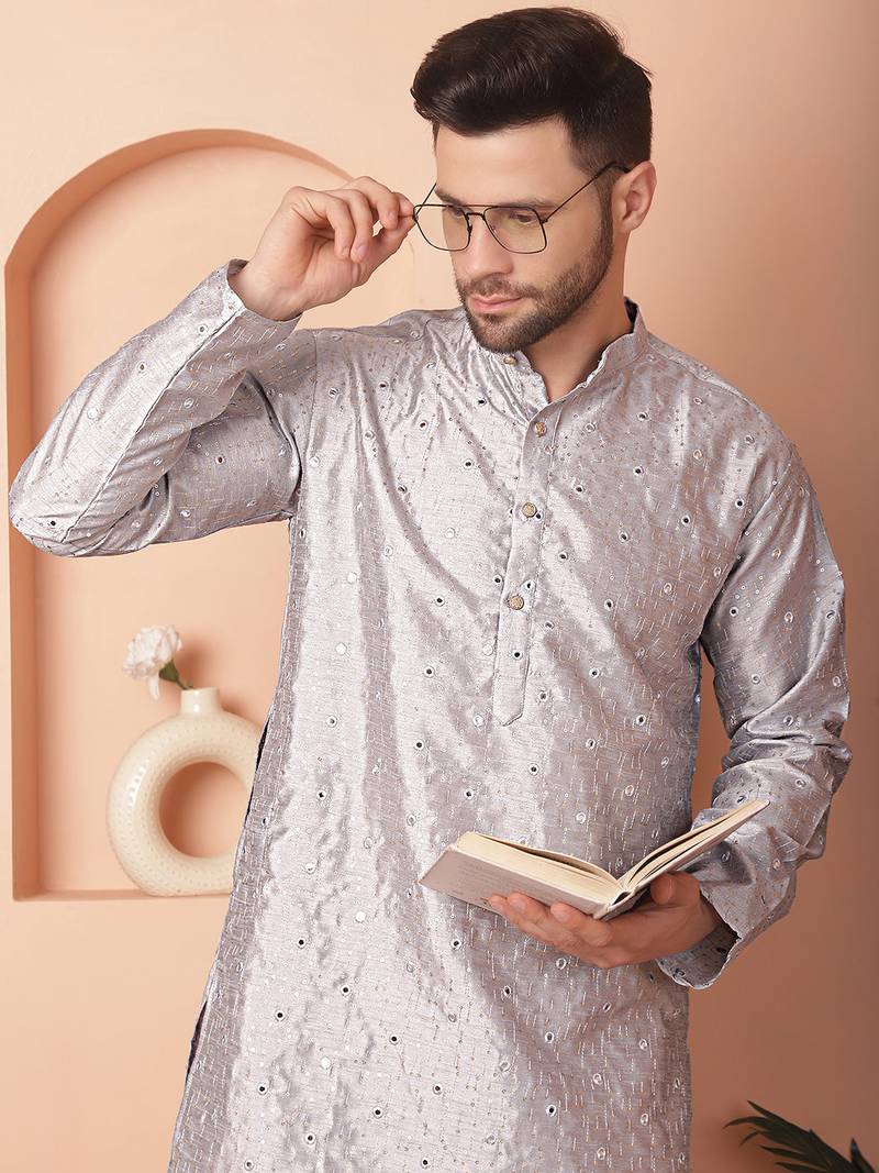 Men grey embroidered silk blend kurta pajama