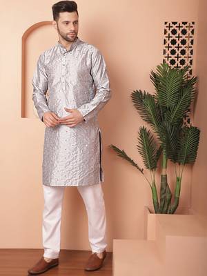 Men grey embroidered silk blend kurta pajama 2