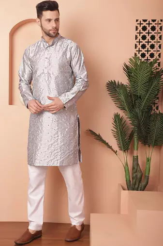 Men grey embroidered silk blend kurta pajama