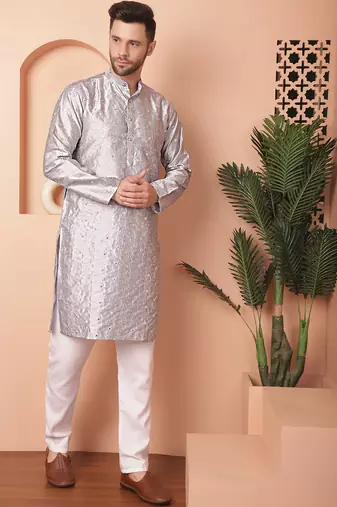 Men grey embroidered silk blend kurta pajama