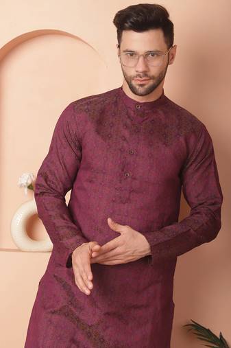 Men purple woven silk blend kurta pajama