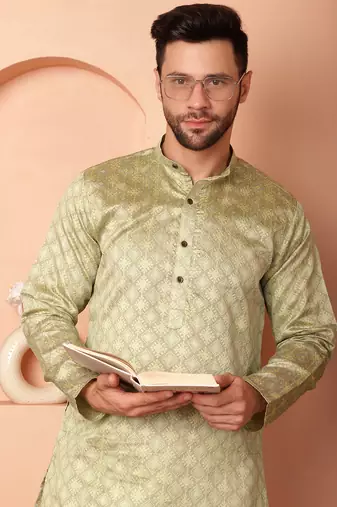 Men green woven silk blend kurta pajama